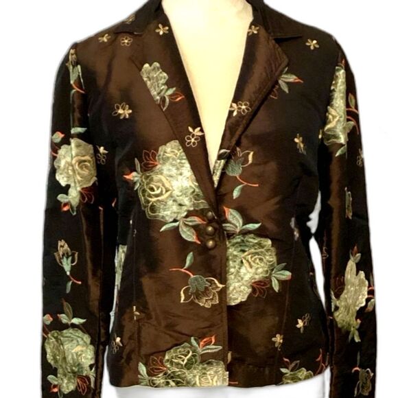 Reuma Sachs Jackets & Blazers - Reuma Sachs Suit Women’s Size Medium Color Brown 2 pc Floral Jacket Plain Skirt